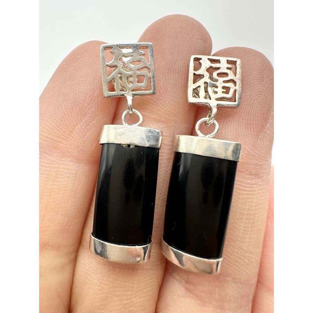 Vintage Sterling Silver Black Onyx "Blessing" Chinese Dangle Earrings